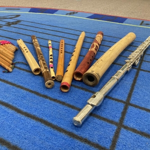9 flutes arranged in a row, from a panflute to an orchestral flute.